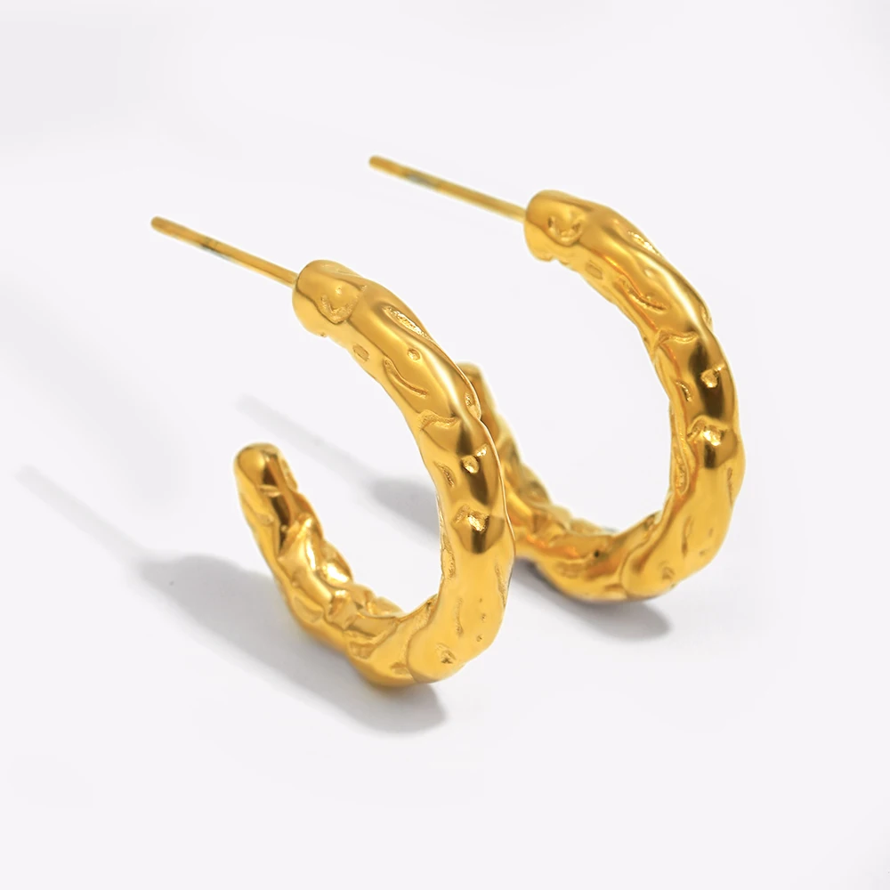 E.B.belle Small C-shape Irregular Hammer Pattern Stud Earring  Stainless Steel 18K Gold Plated Fashion Women Party Jewelry