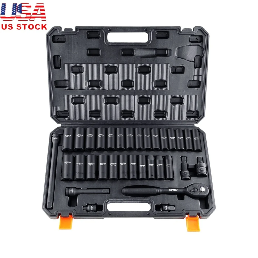 

Набор ударных головок с приводом 1/2 дюйма, из легированной стали Cr-V, сверхмощный ящик для инструментов с высоким крутящим моментом, прочный, легко читаемый, портативный