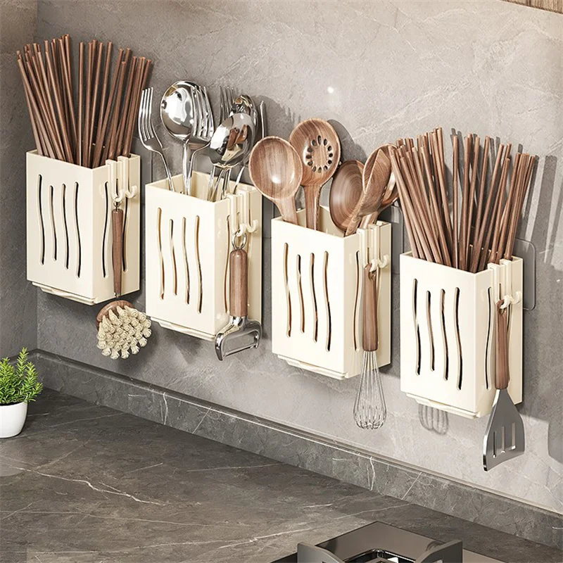 Multifunctional Kitchen Utensil Storage Rack Chopstick Draining Holder Wall-Mounted Freestanding Cutlery Tableware Organizer Box