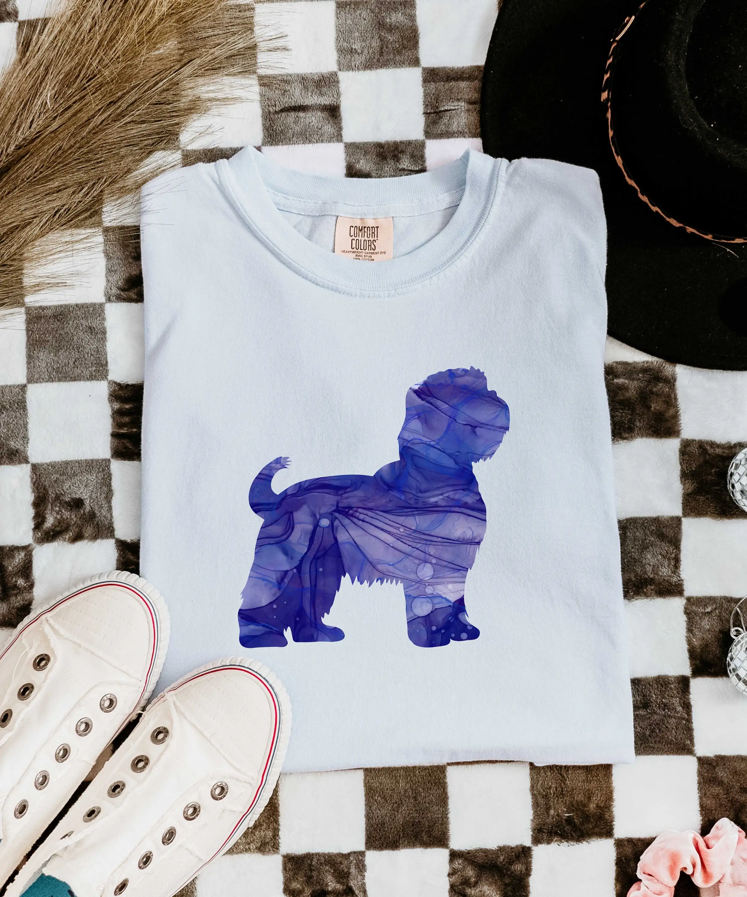 Camiseta azul real Shih Tzu silueta Alcohol tinta mármol azul marino Multicolor peso pesado colores cómodos