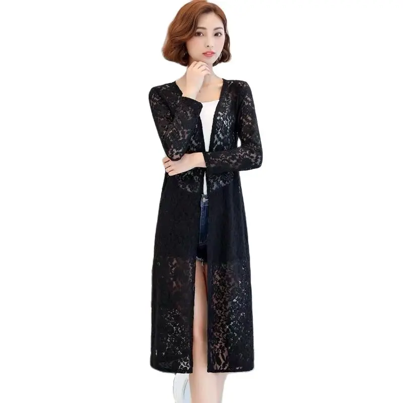 

2023 Fashion Lace Cardigan Summer New Mid-length Loose Women's Thin Section Iong-sleeved Solid Color Hollow CasualLady Shawl 5XL