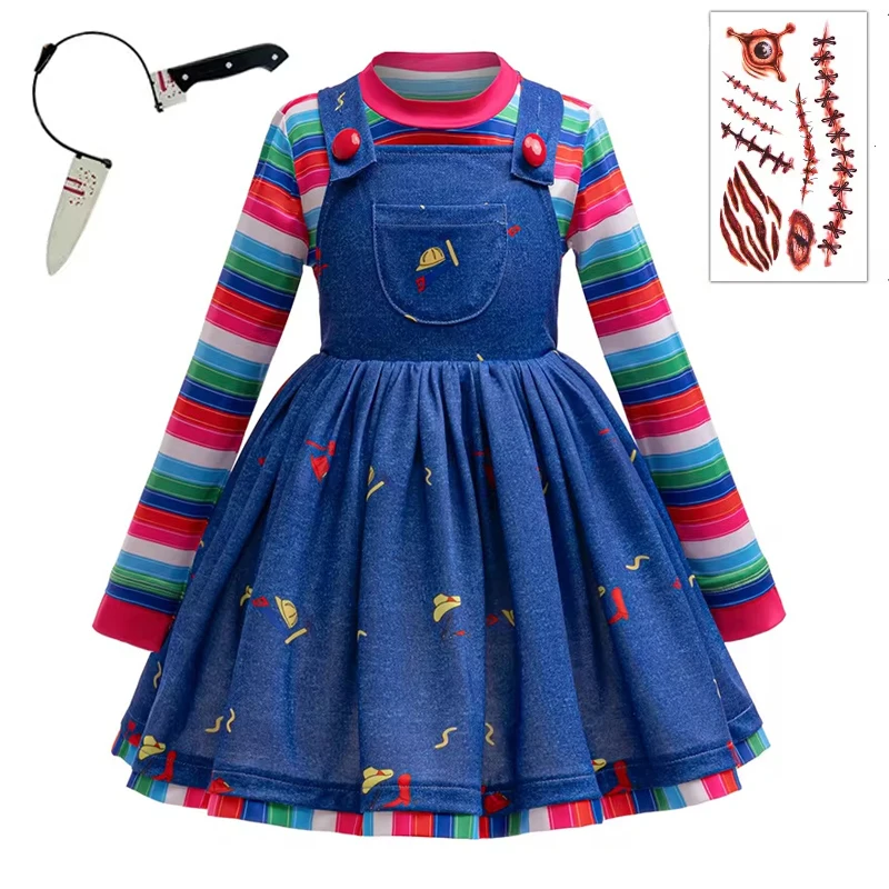 

Halloween Costume Girls Party Dresses Movie Horror Doll Cosplay Striped Top+Denim Dress+Accessories Perform Sets For Children