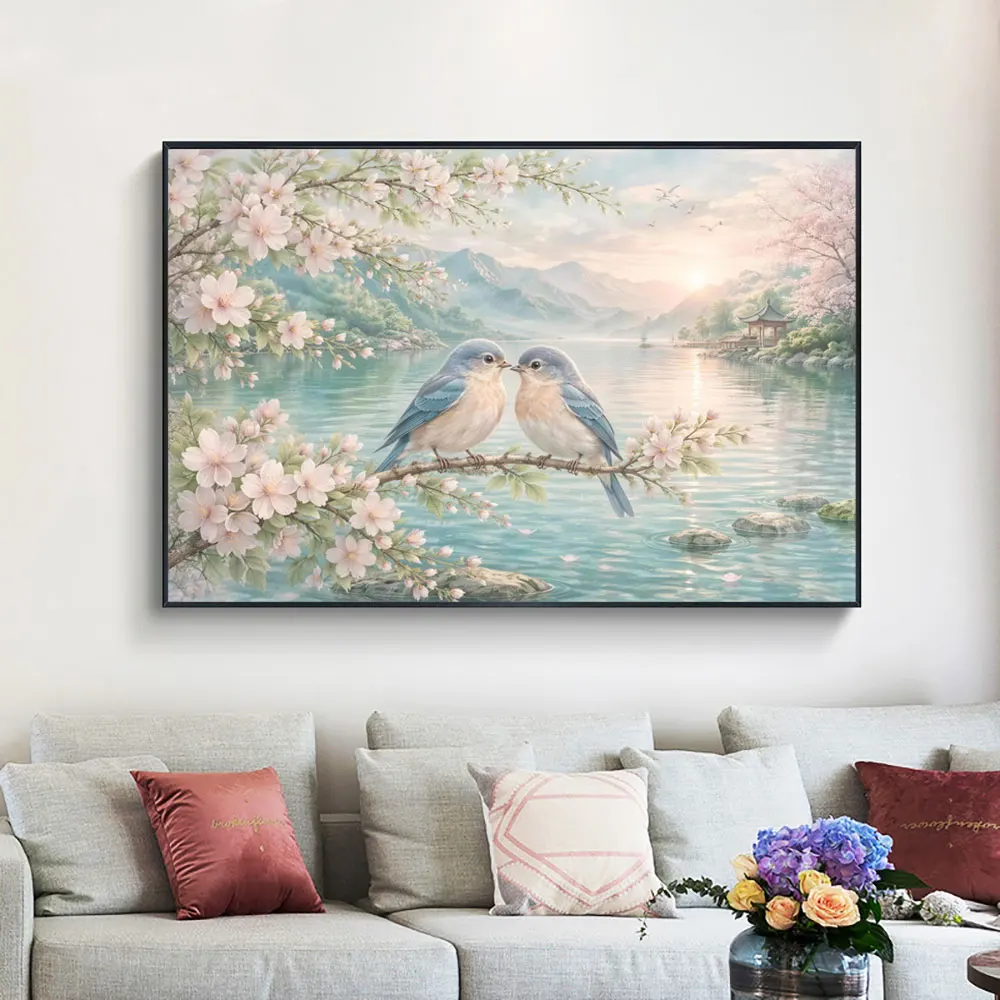 Romantic Blue Birds Cherry Blossom Landscape Canvas Painting - Modern Watercolor Spring Lake Mountain Wall Art Poster Home Decor
