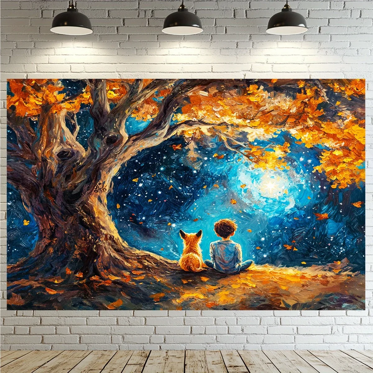 Boy and Dog Tapestry Wall Hanging, Sitting Under Big Tree Watching Starry Night Sky, Autumn Landscape Tapestry for Bedroom