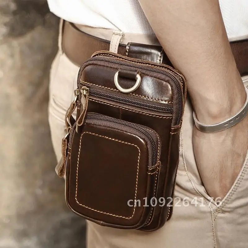 Riñonera de cuero Crazy Horse Vintage para hombre, bolsa de cuero genuino, cinturón de viaje para teléfono, riñonera con lazo para la cadera, bolsos pequeños para hombre