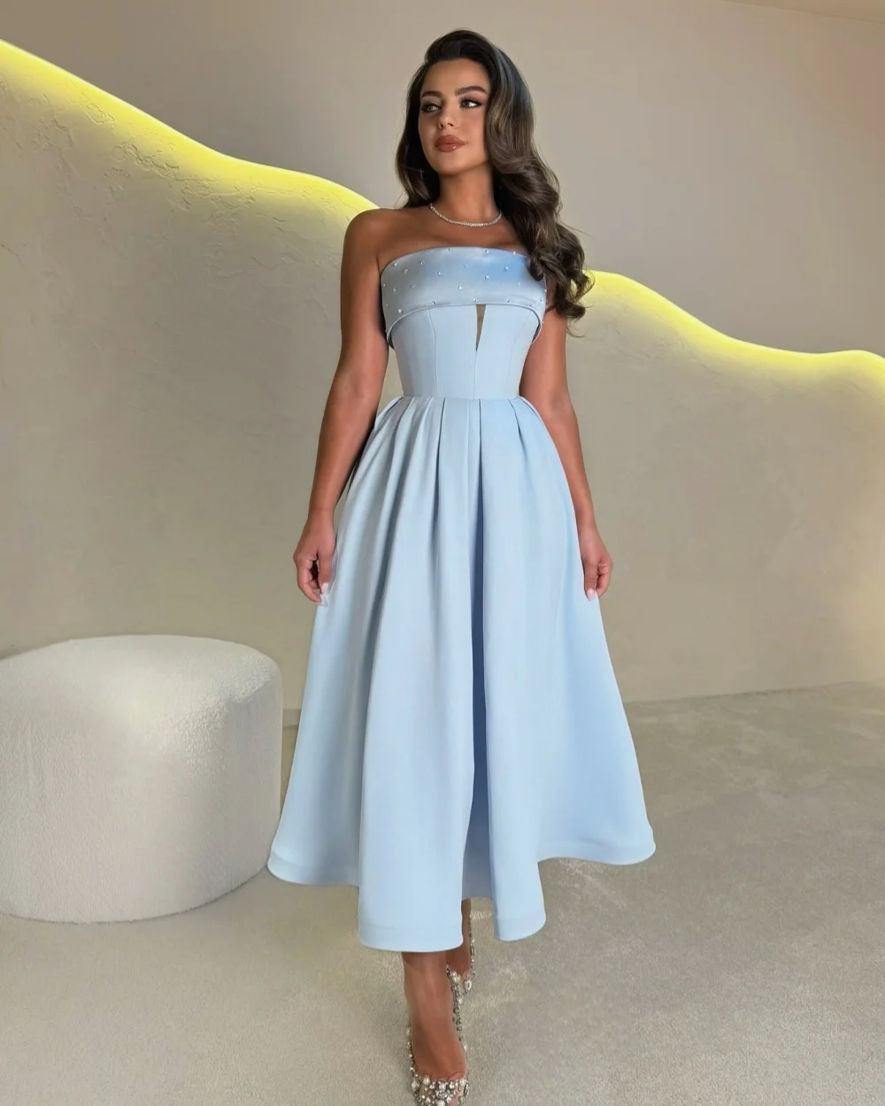 

Customized Simple Elegant Jersey Beading Ruched A-line Strapless Ankle Length Dresses Bespoke Occasion Dresses Modern Style Sexy