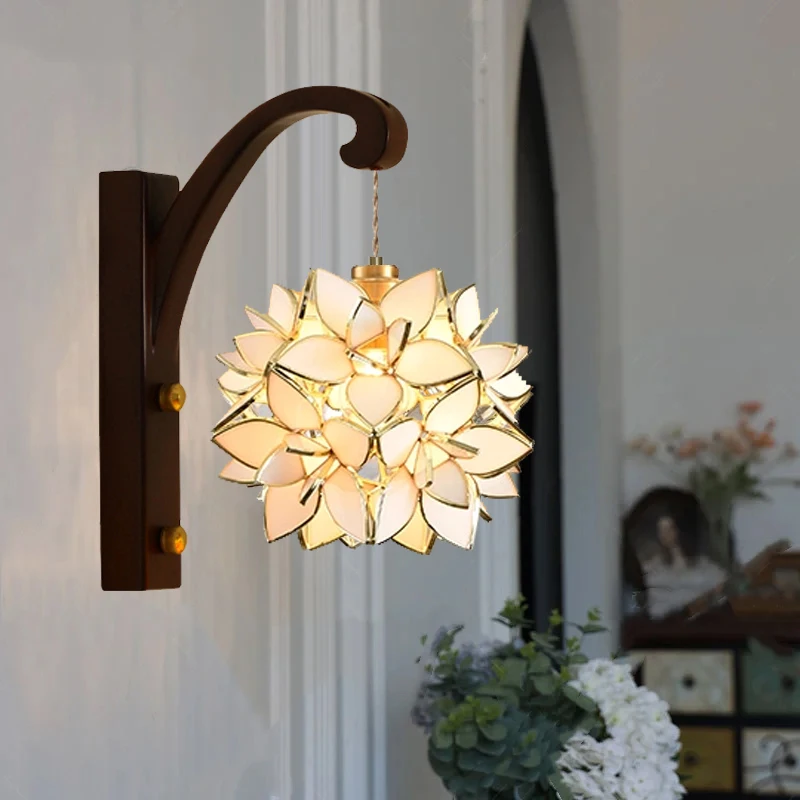 Elegant Handcrafted Glass Lampshade Wall Light Wood Vintage Brass Lamp Head with Adjustable Hanging Wall Sconce Lamp for Home