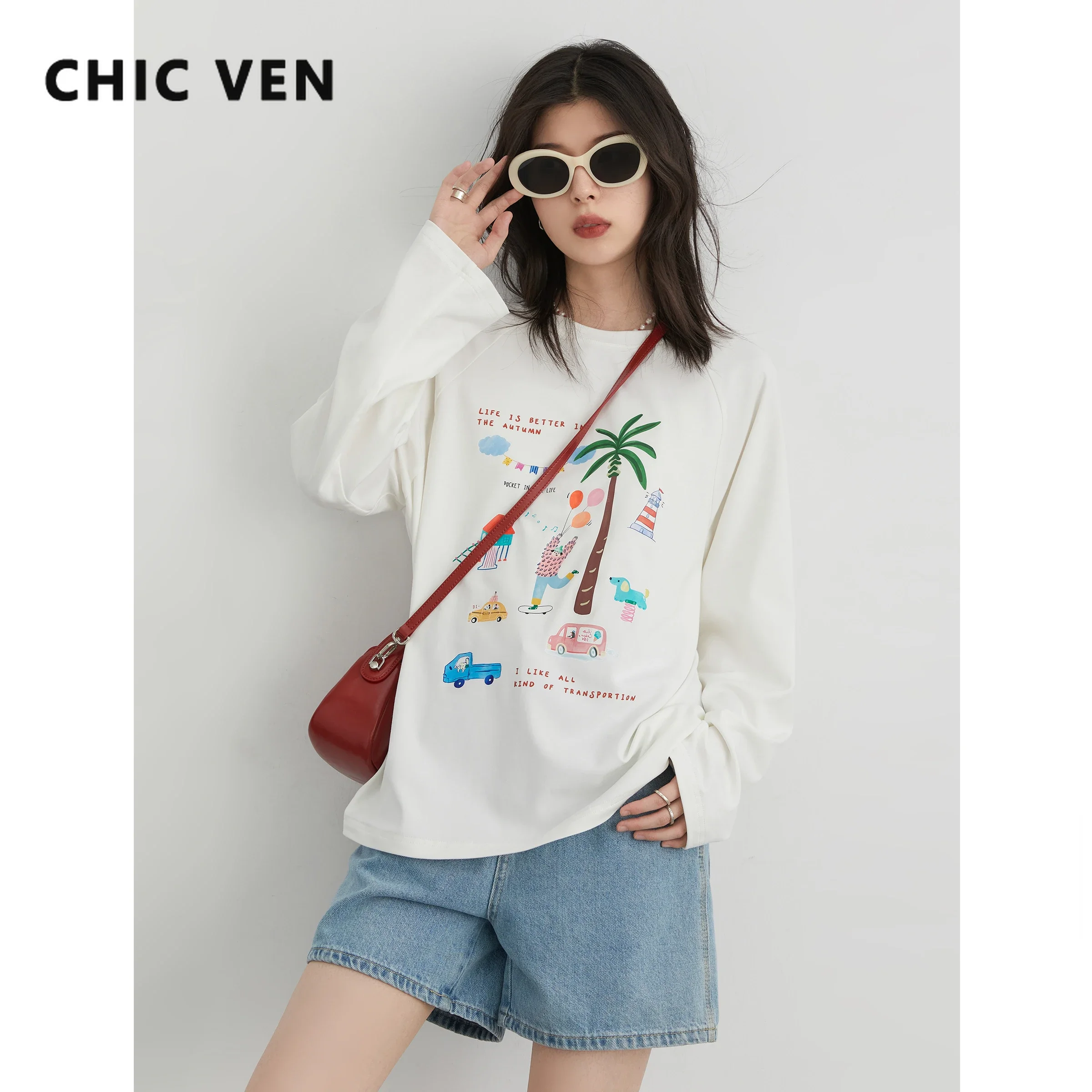 CHIC VEN Womne\'s T-Shirts Loose Round Neck Cartoon Print Shoulder Long Sleeved Female Tees Woman Top Spring Autumn 2024