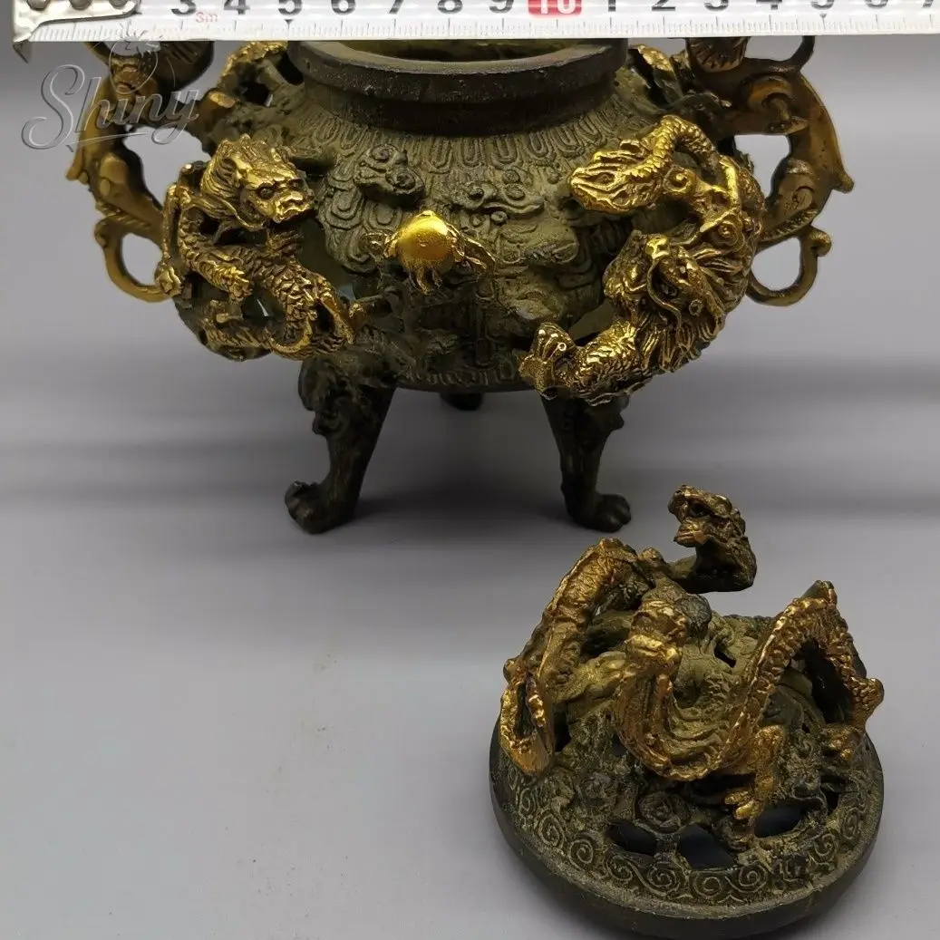 Old Collectable Ancient Bronze 9 Dragons Inlaid Tripod Incense Burners Statues