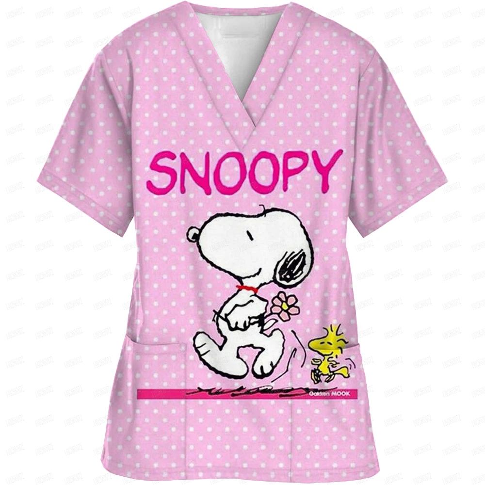 Snoopy printScrubs Top Women Pockets V-Neck Scrub Uniforms Pet Grooming Nurse Spa Caring Shirt uniformes de enfermería para muje