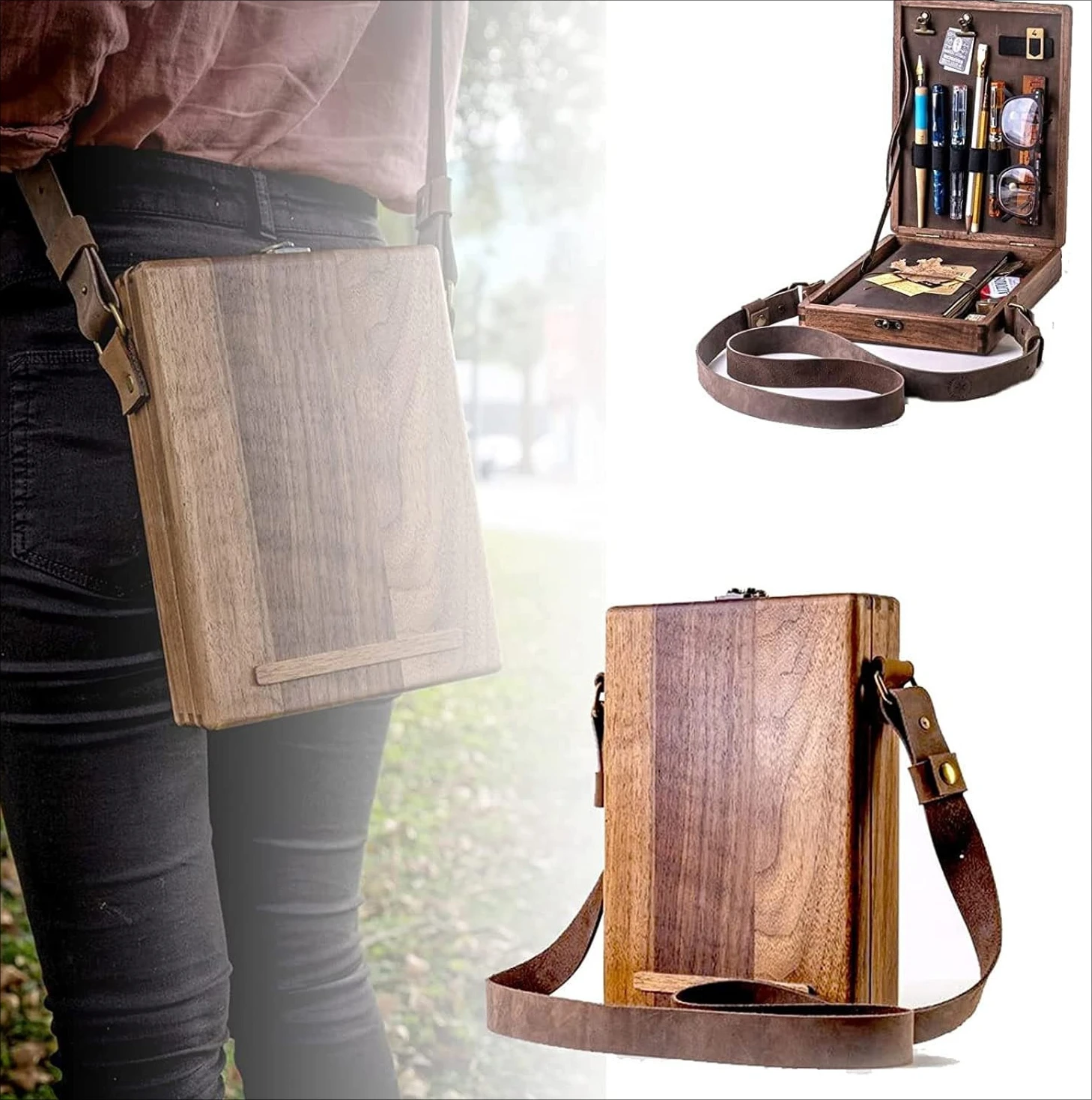 ZZ 2026 New Chinese Style Writer Messenger Wooden Box Crossbody Shoulder Bag Storage Mailbox Organizer Case