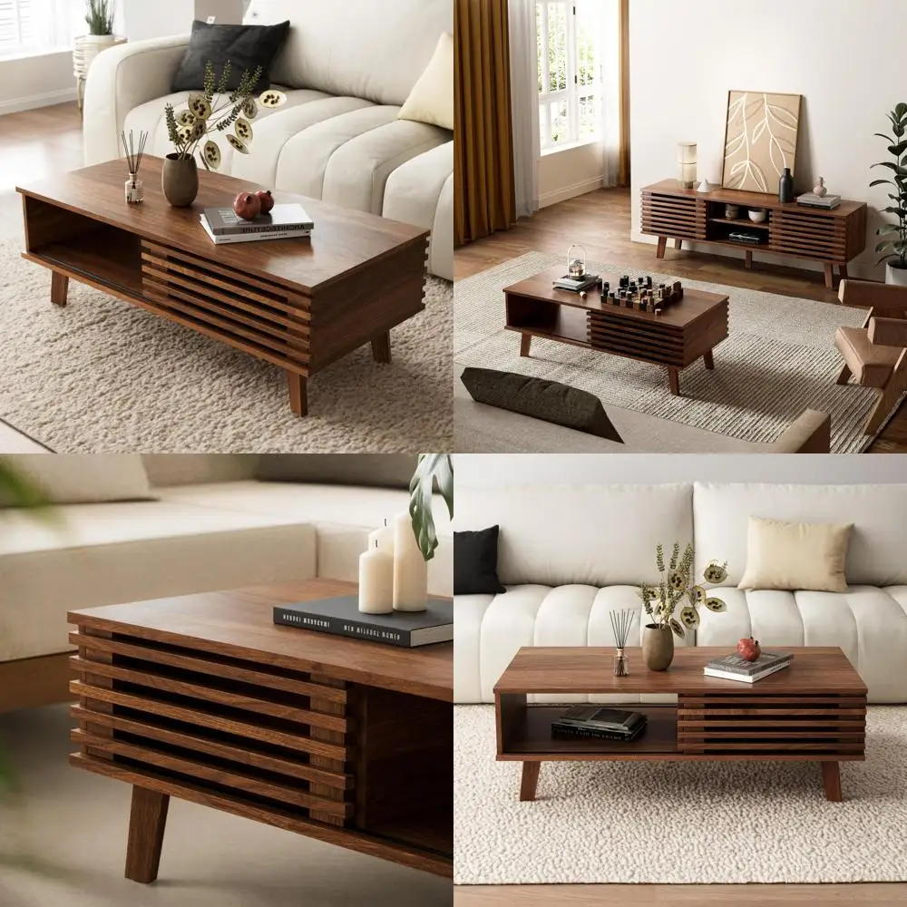 

Журнальный столик середины века с раздвижной дверью, современная мебель для гостиной, отделка из орехового дерева