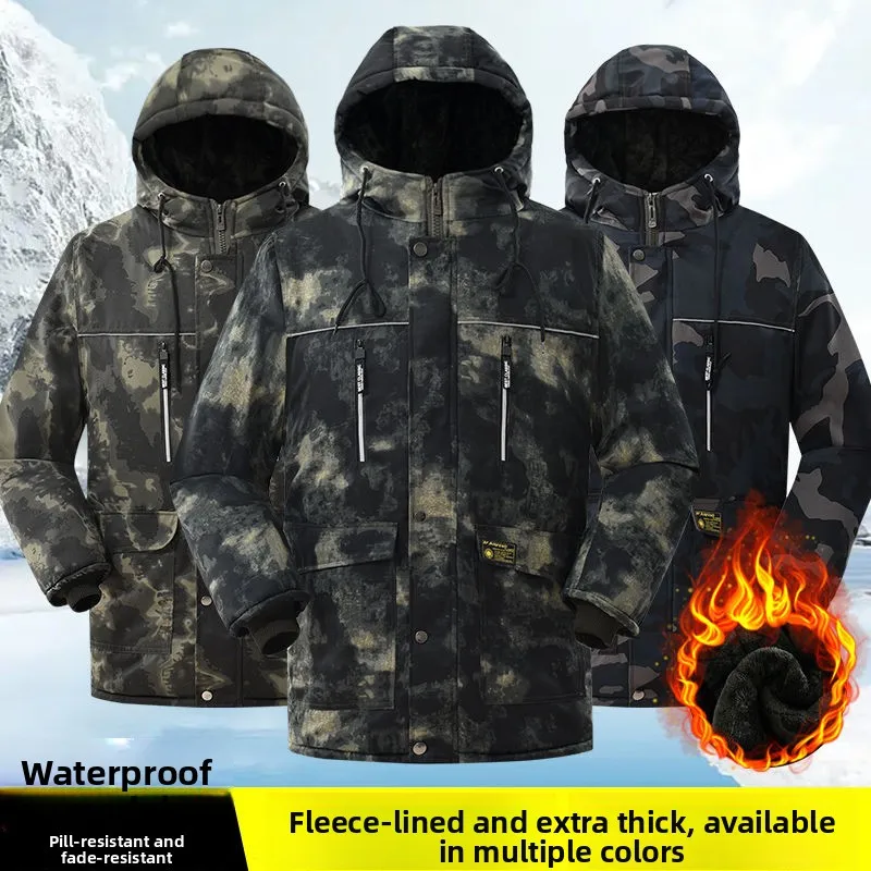 

Утепленная камуфляжная рабочая хлопковая куртка для мужчин: зимняя верхняя одежда средней длины с флисовой подкладкой, сохраняющая тепло, износостойкая