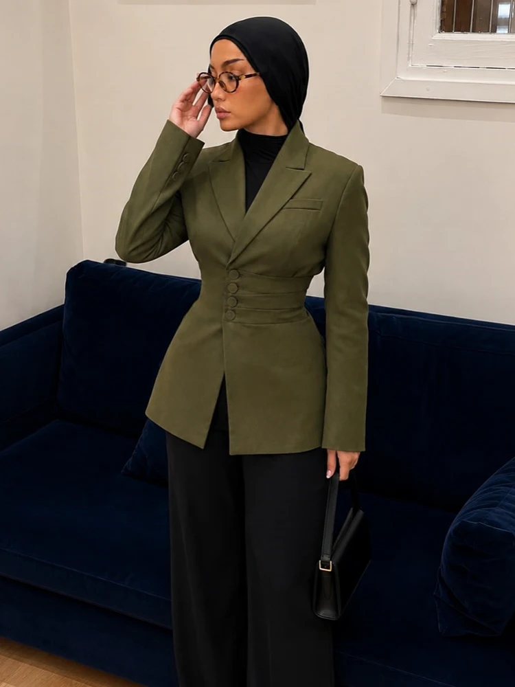 Retro Chic Olive Green Blazer Coat Classic Lapel Collar Irregular Hem Long Sleeve Slim Fit Jacket Lady Elegant Office Outerwear