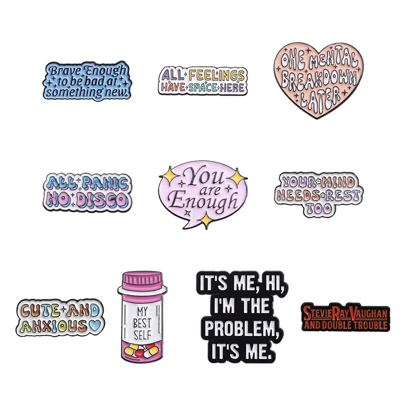 Personalized Trend Colored English Short Sentence Alloy Brooch Cartoon Medicine Bottle Baked Paint Badge Clothes Bag Accessories