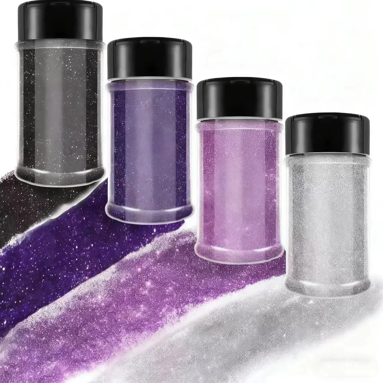 4 Colors Nail Glitter Set, 1.94oz(55g) X 4 Blak, Purple, Black, Silver PET Flakes Sequins 1/128" Powder for Euphoria Party