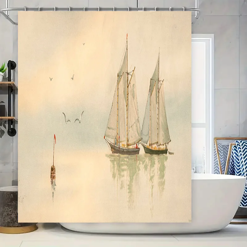 Cortina de baño de veleros vintage Diseño clásico de acuarela para decoradores de baño Tamaño de 72 x 84 pulgadas con panel de bolsillo para caña Showe