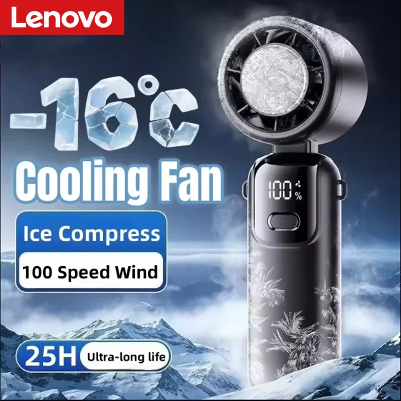 Lenovo USB-Tischventilator, Eiskühlung, Handventilator, 100 Geschwindigkeiten, Turbo, tragbar, faltbar/aufrüstbar, für den Außenbereich, schnelle Kühlung, Eiskompresse, neu