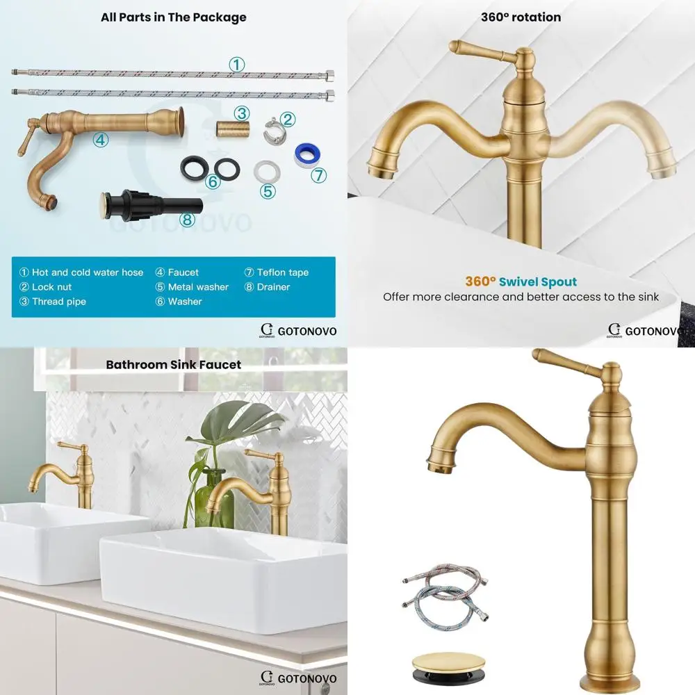 

Single Handle 360° Swivel Spout Tall Bathroom Faucet with Pop-Up Drain, Matching Hoses, Antique Brass Finish