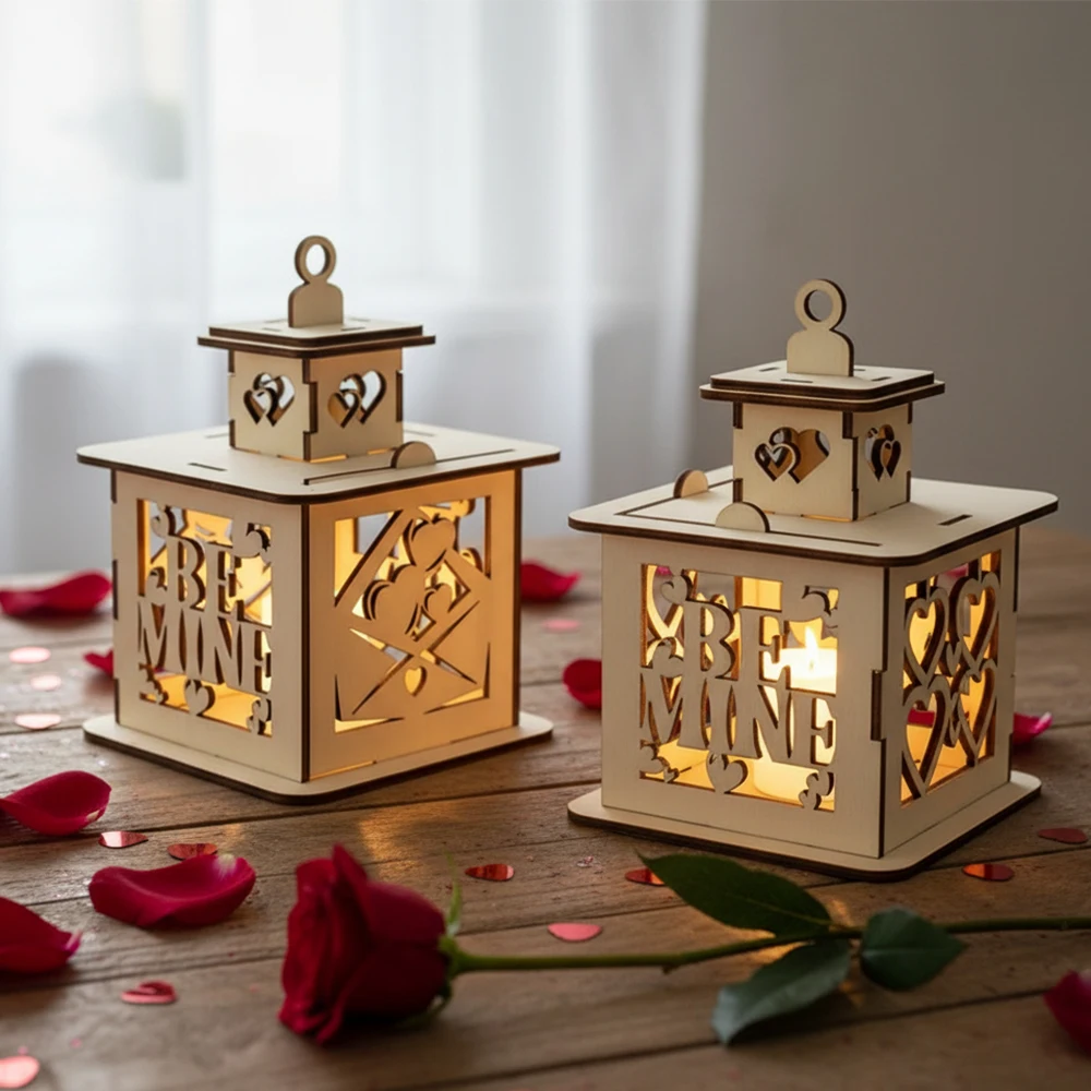 

DIY Wooden Candle Holder Lantern for Valentine's Day, Retro Heart-Shaped Vintage Tabletop Decor, 14.8cm Tall