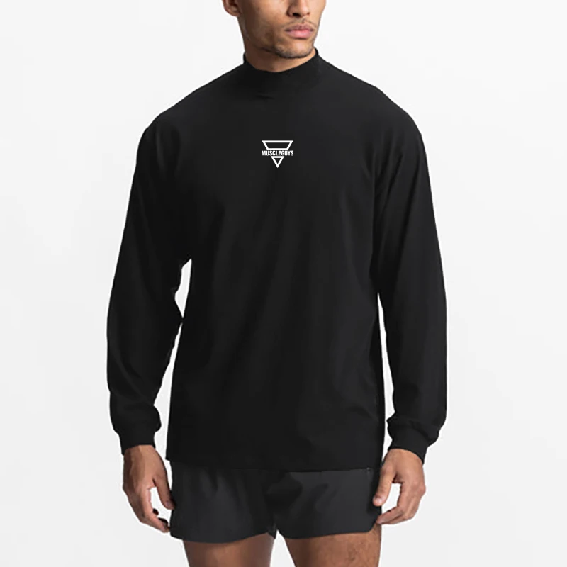 New Mens Fitness Sporting Running High-collar Fashion Long Sleeve Tshirt Clothing Bodybuilding Oversized  Casual T Shirt