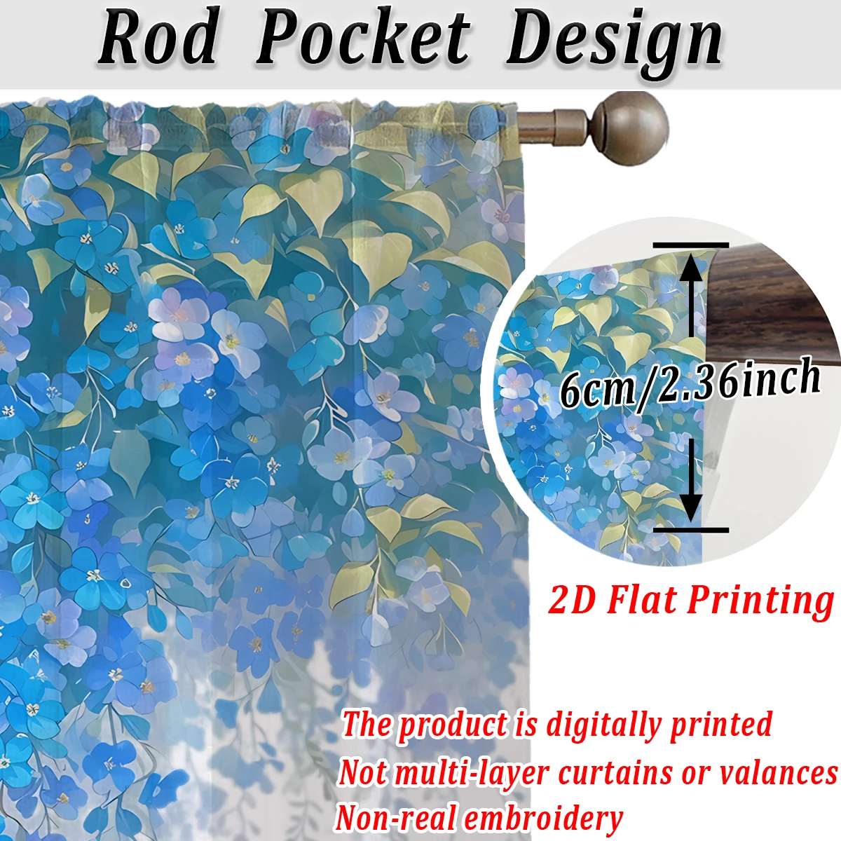 ستارة شفافة بطباعة مسطحة على شكل زهور زرقاء، قماش خفيف، لغرفة المعيشة وغرفة النوم وباب المنزل ونافذة الديكور