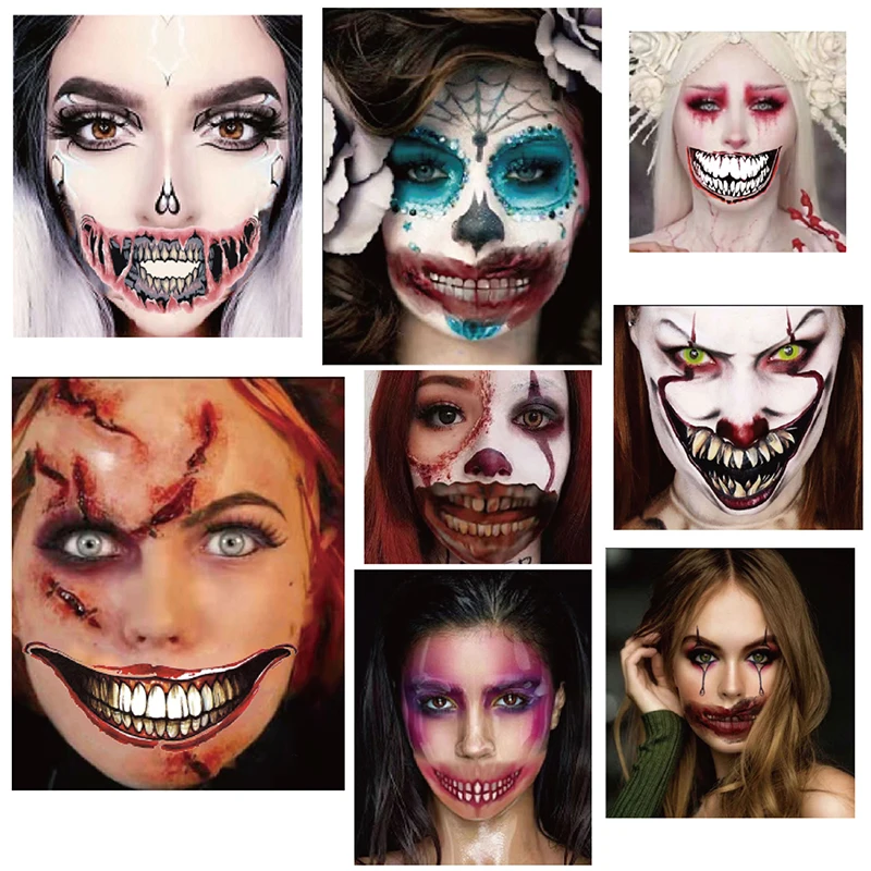 Temporary Tattoos Halloween Makeup 1 Sheets Horror Clown Mouth Stickers Halloween Face Body Makeup Waterproof Realistic Scar