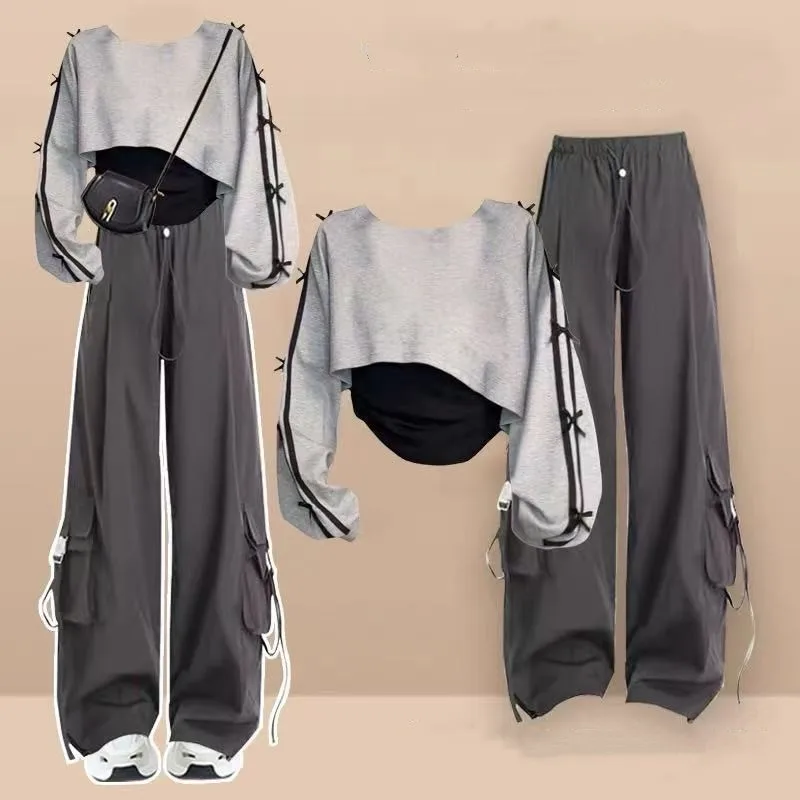 2026 Girls' Spring New Chic Tracksuit Matching Set Korean Elegant Long-sleeve Hoodie Top+Vest+Casual Cargo Pants 3-Piece Suit