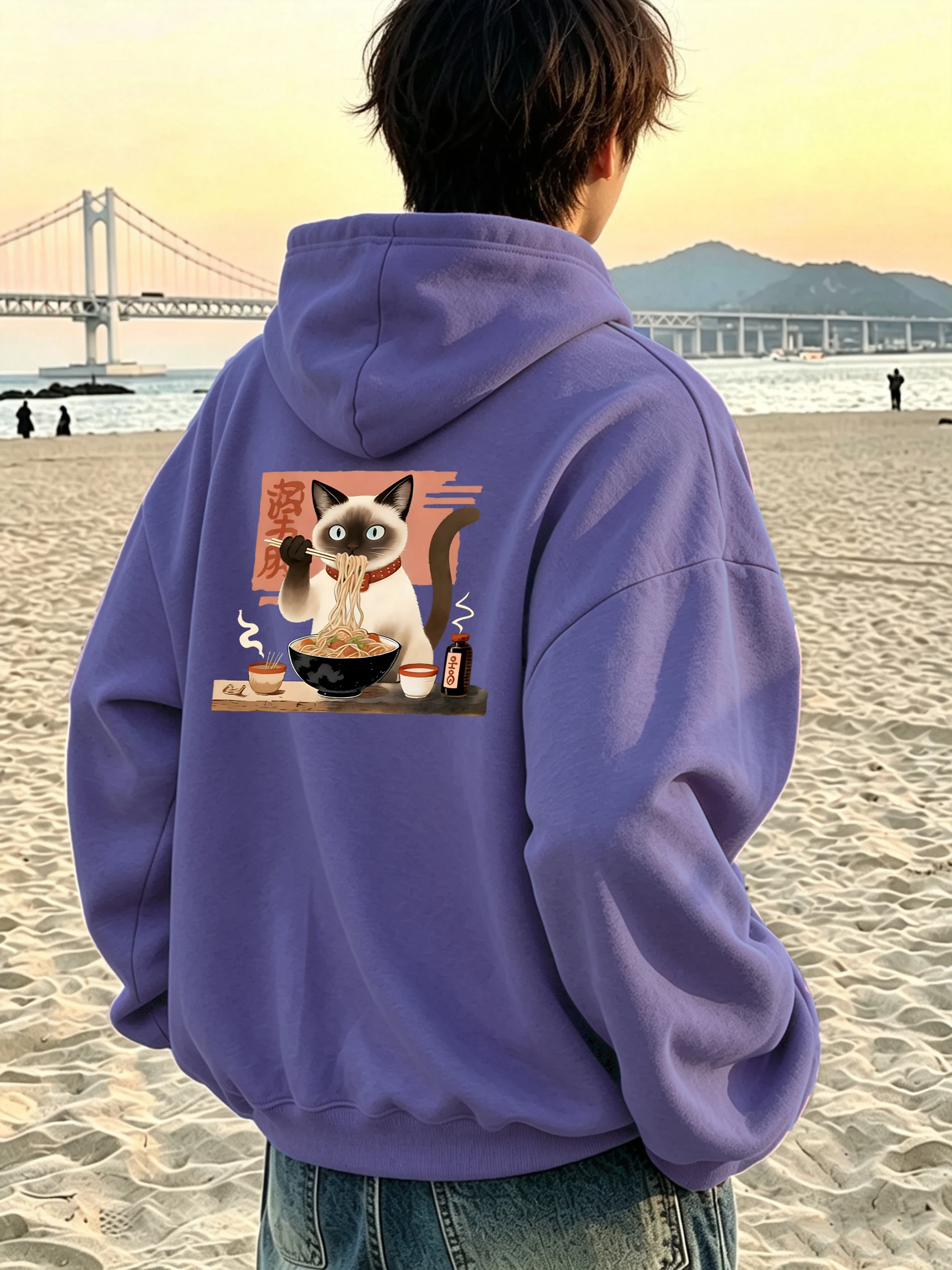 Siamese Cats Like To Eat Noodles Prints Men Commute Clothing All-Match Autumn Hoodies Casual Loose Top Street Pocket Streetwear