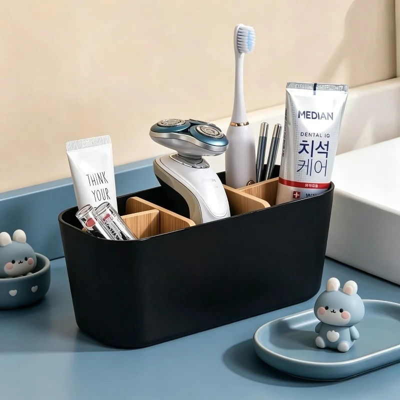 Soportes para cepillos de dientes para baños, soporte para cepillos de dientes eléctricos con divisores de bambú, organizador de pasta de dientes para encimera de baño