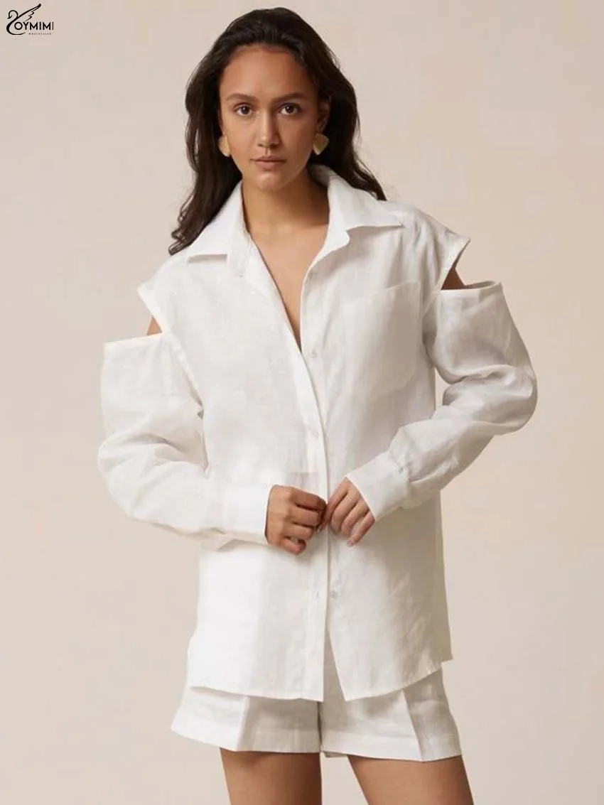 

Oymimi Fashion White Loose 2 Piece Sets Woman Outfit Elegant Long Sleeve Hollow Out Button Shirts And High Waist Shorts Sets