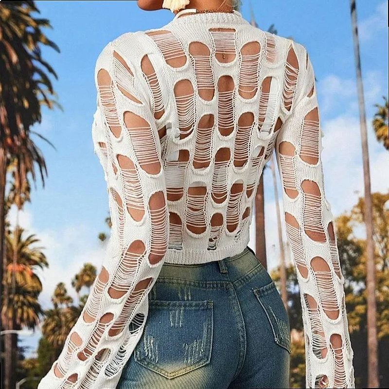 Hollow Out Crop Top Knit See Through Tee Blouse Spring Summer