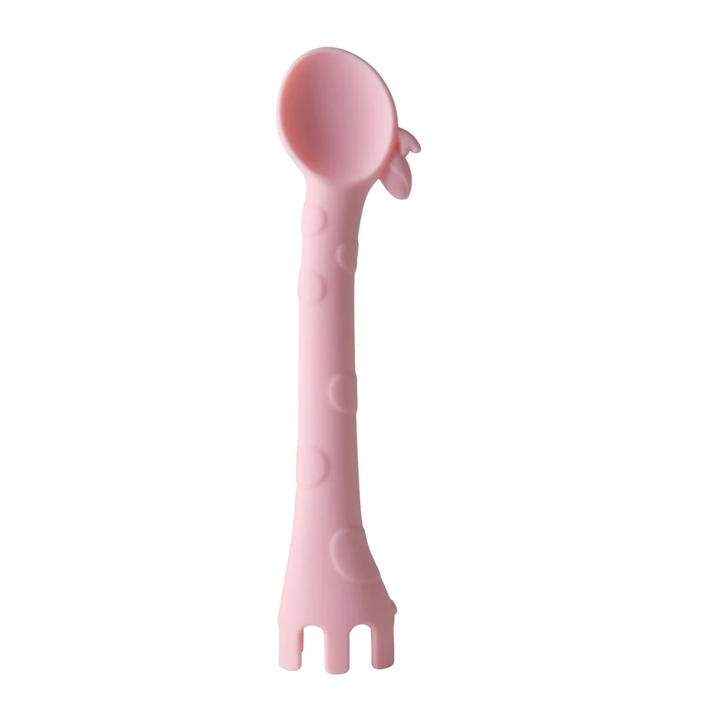 

Baby Training Spoons Utensils Self Feeding Teether Giraffe Fork Silicone Bendable