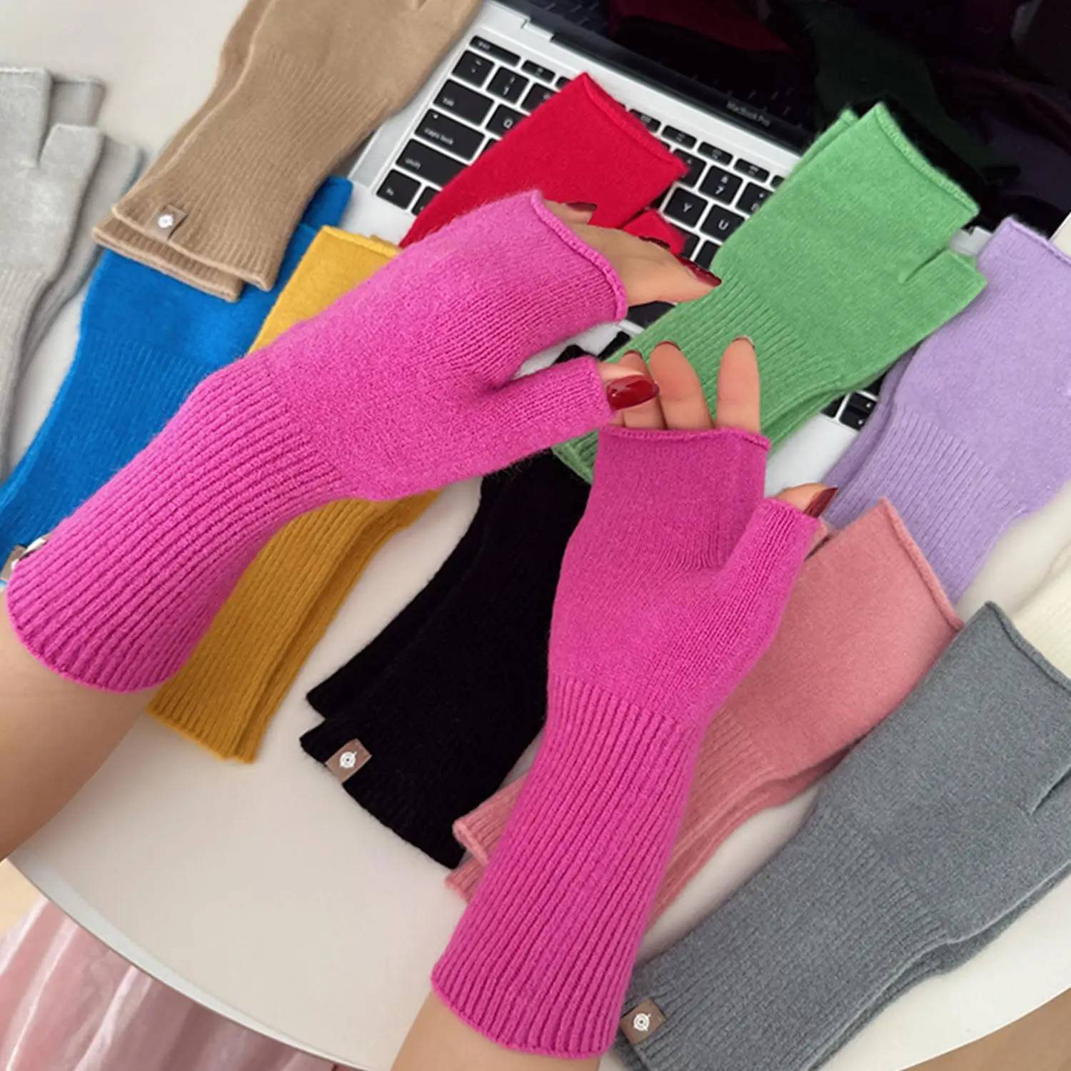 Long Fingerless Gloves Women's Mitten Winter Warmer Knitted Arm Sleeve Fine Casual Soft Girl's Goth Elastic Half Finger Gloves