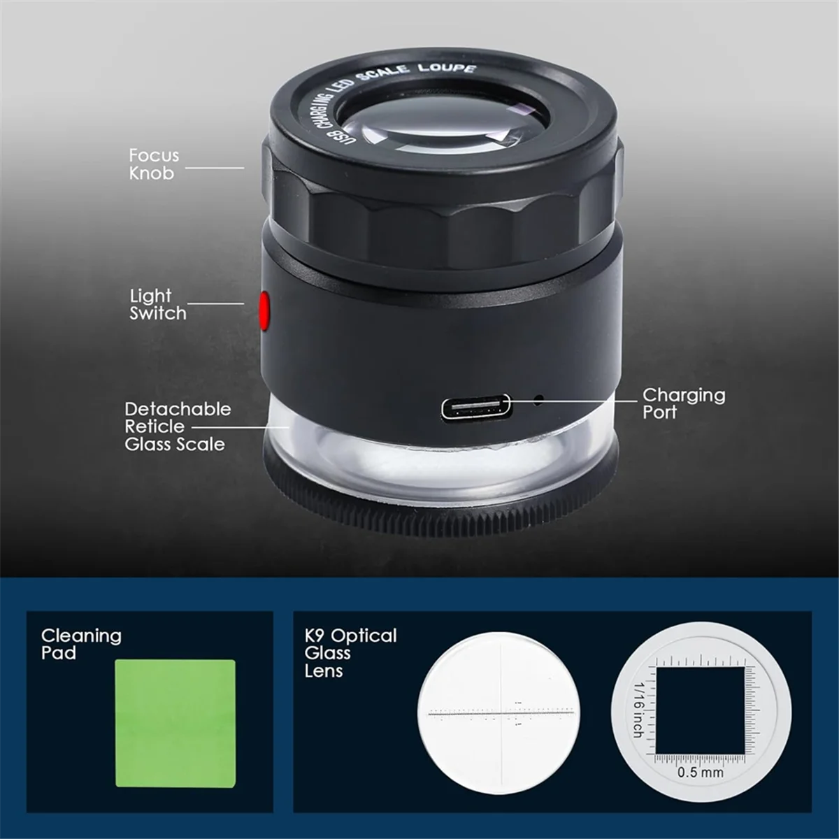 الأحدث! عدسة مكبرة 10x، عدسة مكبرة للمجوهرات قابلة لإعادة الشحن مع ضوء LED ومقياس، عدسة مكبرة بؤرية قابلة للتعديل