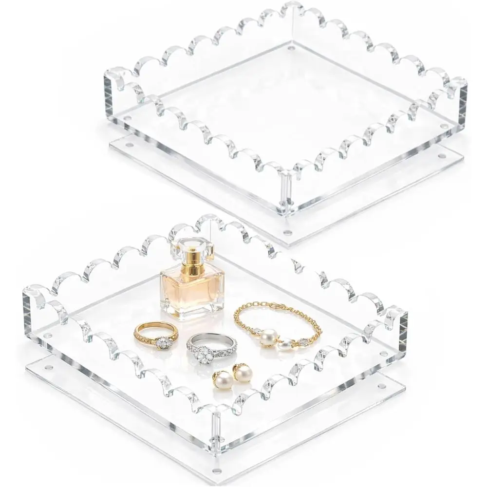 

2 Pack Clear Acrylic lry Tray, Scalloped Vanity Trinket Dish with DIY Customizable Decorative Insert, Ring Holder Perume Key