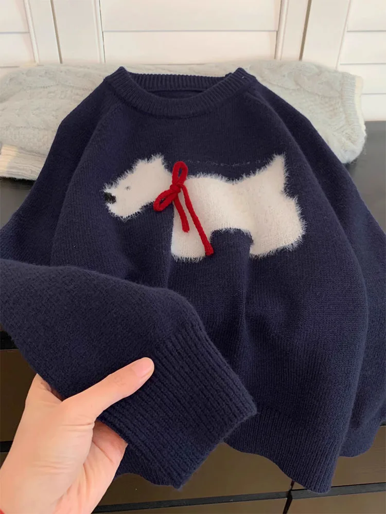 Fashion Simple Cartoon Animal Knitted Sweater Long Sleeve O-Neck Jumper Vintage Chic Bow Pullovers Autumn Winter Y2K Streetwear