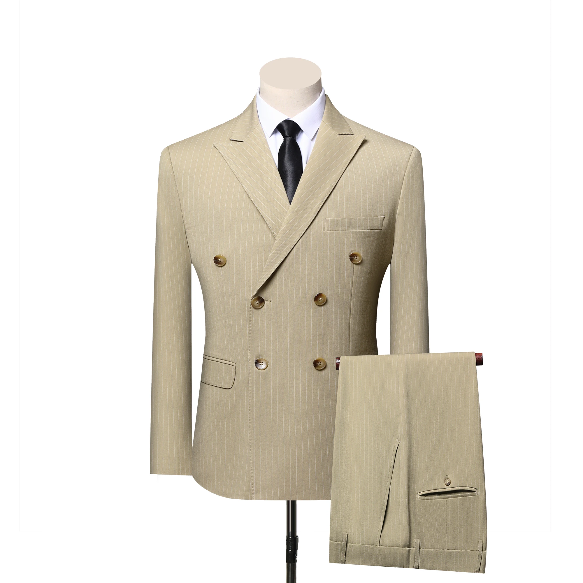 

Men's striped double - breasted suit, suitable for business formal wear, wedding banquets and workplace commuting.