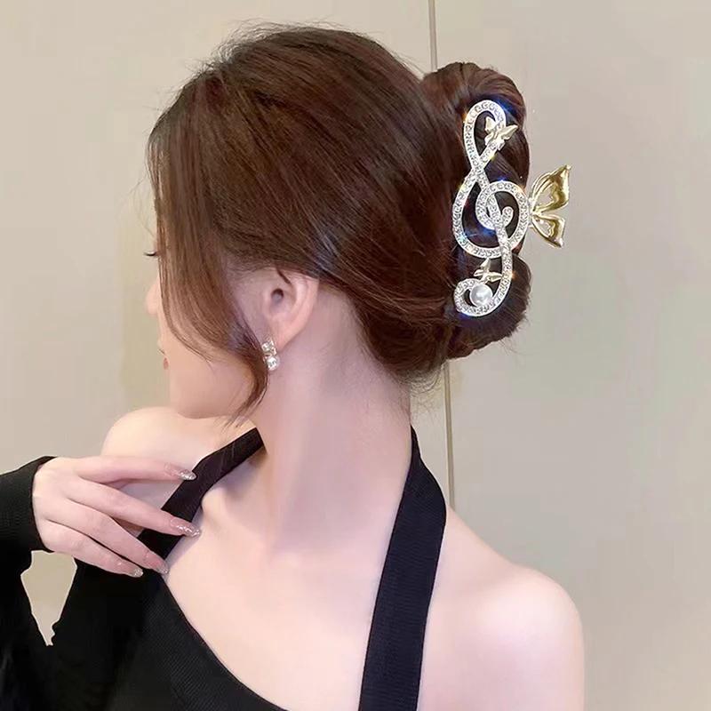 Women Elegant Music Note Shape Hair Clips Luxury Rhinestone Ponytail Claw Clip image 2