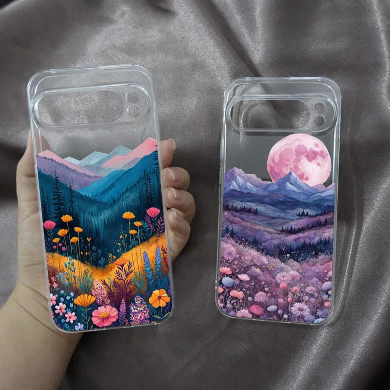 Mountain Forest Village Phone Case For Google Pixel 9 Pro XL 7A 8 Pro 6A 5G Landscape Hand Painted Clear Soft TPU Cover Fundas