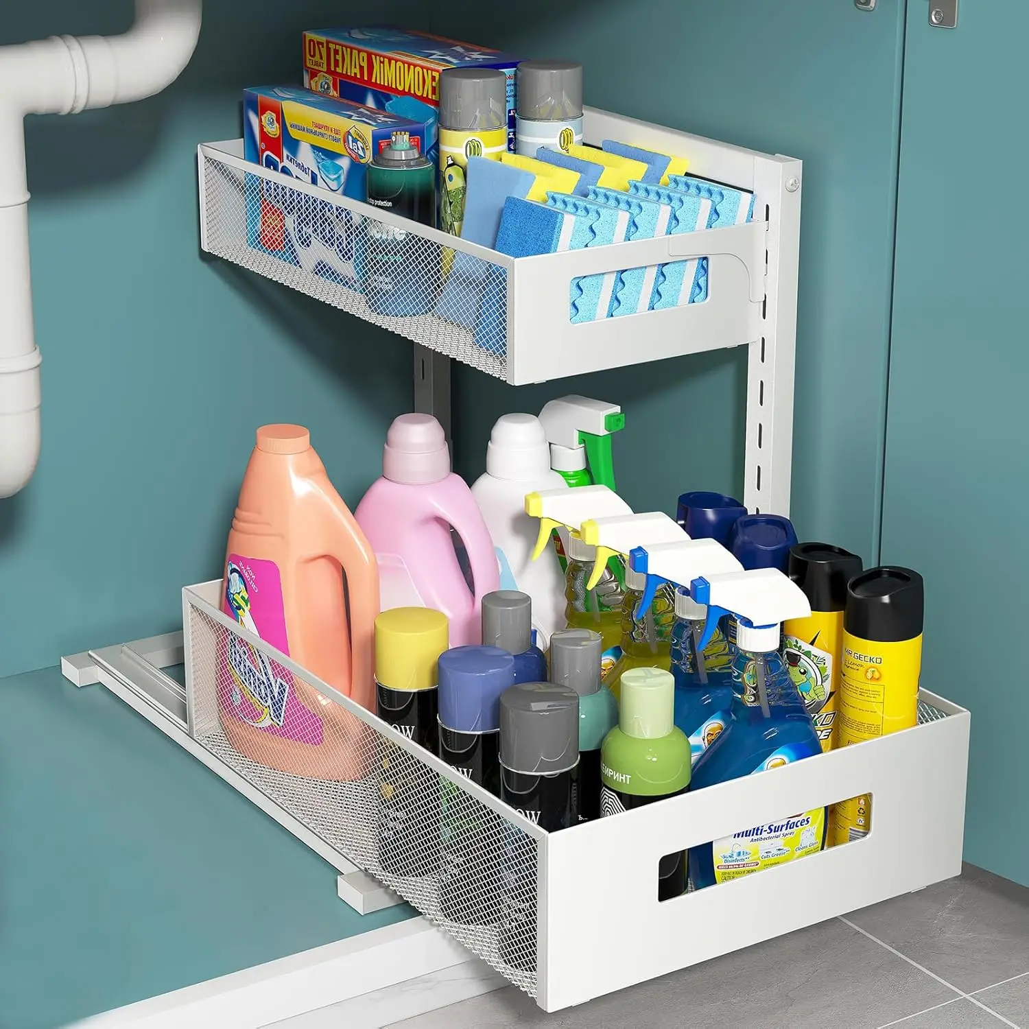 

Pull-out Under Sink Organizer, Adjustable Metal Storage for Kitchen & Bathroom (White)