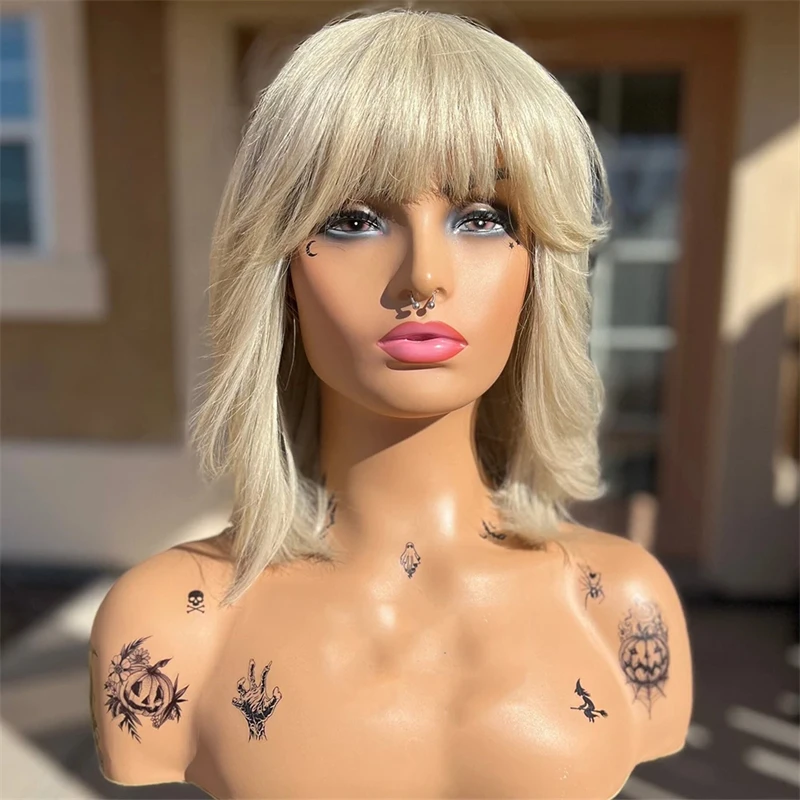 

100% Human Hair Wigs Platinum Blonde Lace Part Wig for Women Glueless Wig with Bangs Wear and go Short Bob Natural Lace Wig