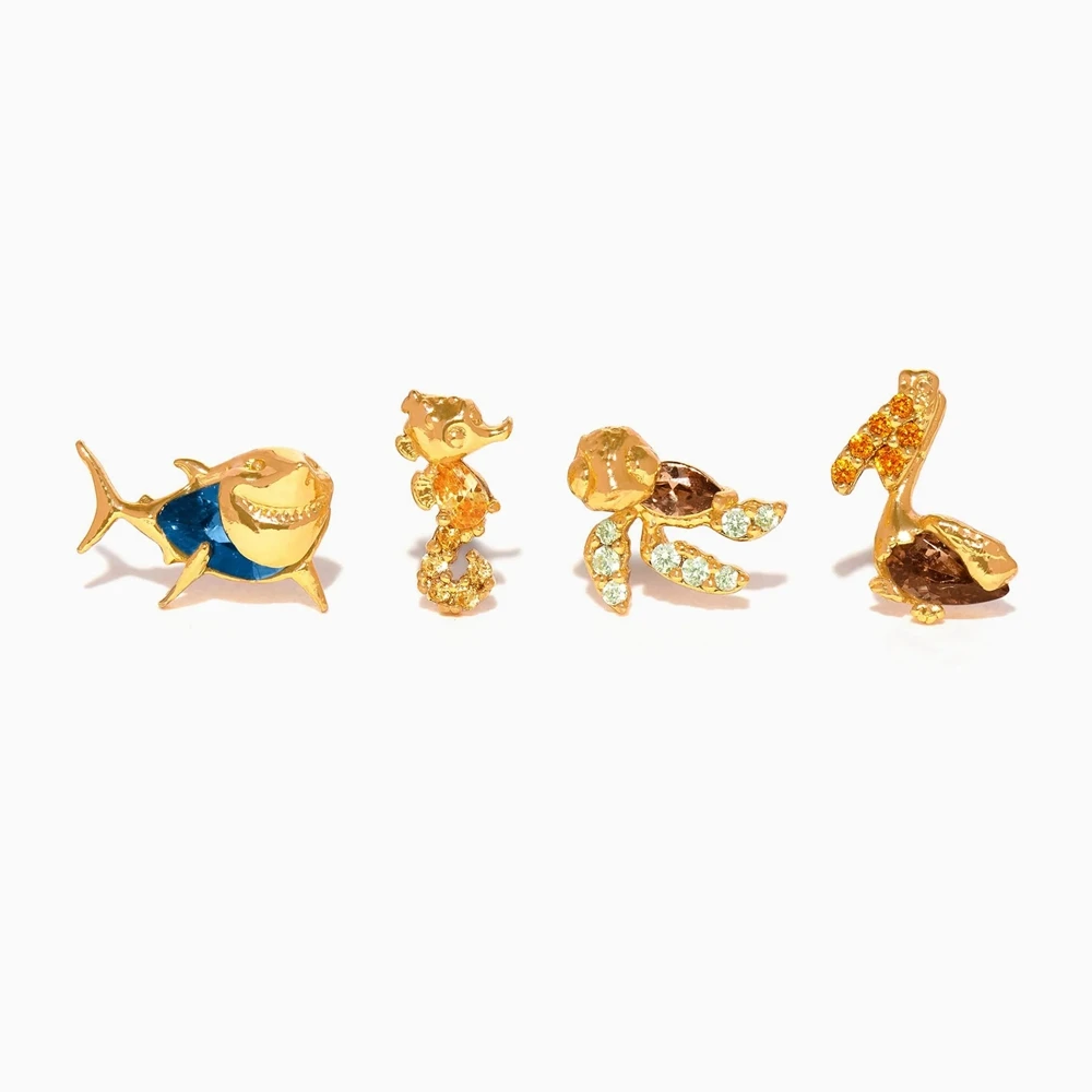 MIGGA 4 قطع مكعب زركونيا الكرتون طاقم البحر وأقراط مجموعة مطلية بالذهب كريستال النساء الفتيات هدية مجوهرات