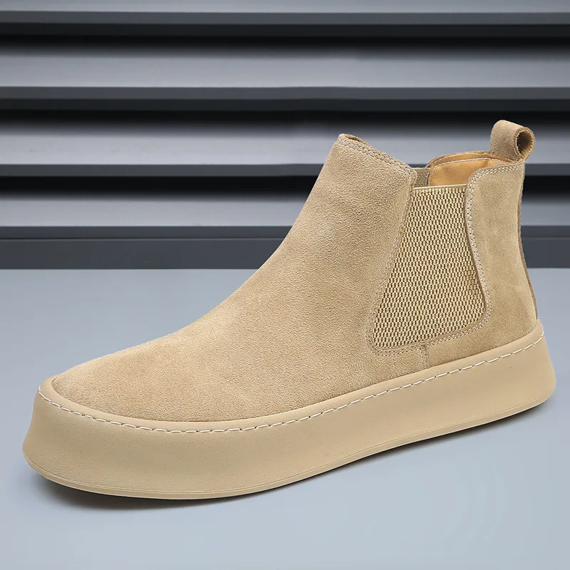 

Cow Suede Leather Mid Top Men's Chelsea Boots with Winter Fleece Insulation Thick Sole Anti Slip Men's Snow Boots