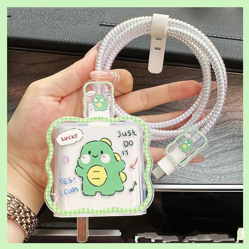 Cute Cartoon Dinosaur Clear Soft Silicone Charger Case For IPhone 14 11 13 18W/20W Fast Charge Protection Cover Charging Sleeve