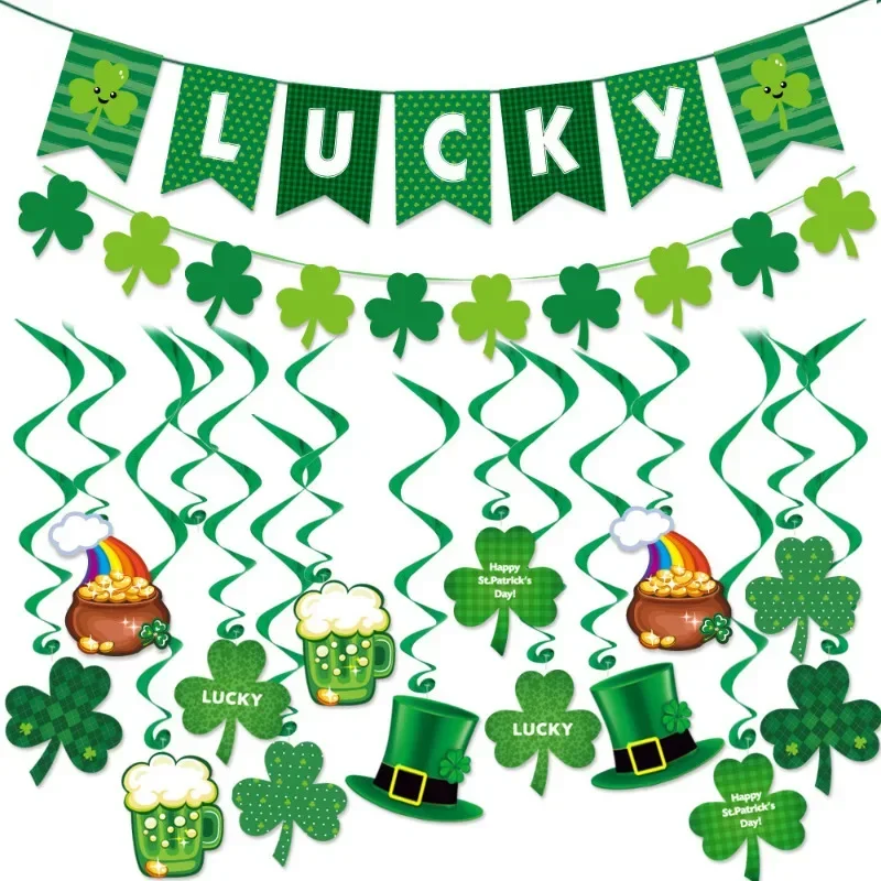 Ireland St. Patrick's Day Party Decoration Glitter Green Clover Banner Spiral Streamer LUCKY Swallowtail Flags Backdrop Supplies