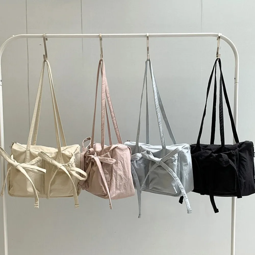 Women Casual Tote Handbag Zipper Closure Fashion Shoulder Purse Solid Color Nylon Grocery Purse Girls Outdoor Daily Bag