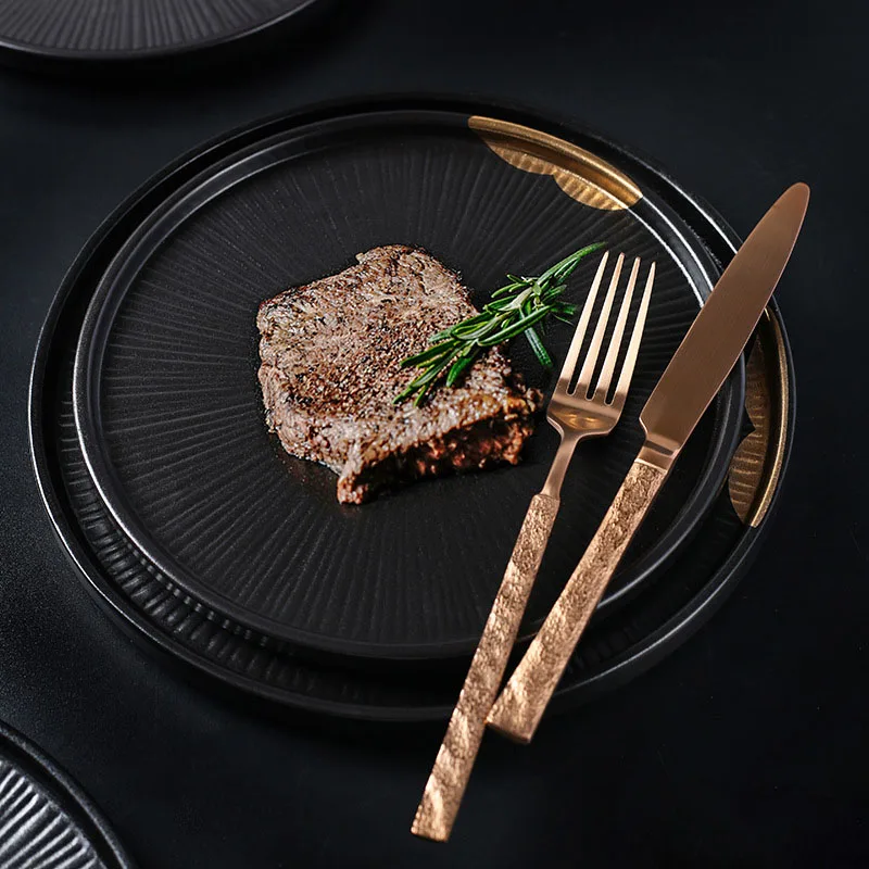 Black Gold Ceramic Plate High End Light Luxury Restaurn Dinner Plates Western Steak and Dessert Round Table Dish Kitchen Cutlery