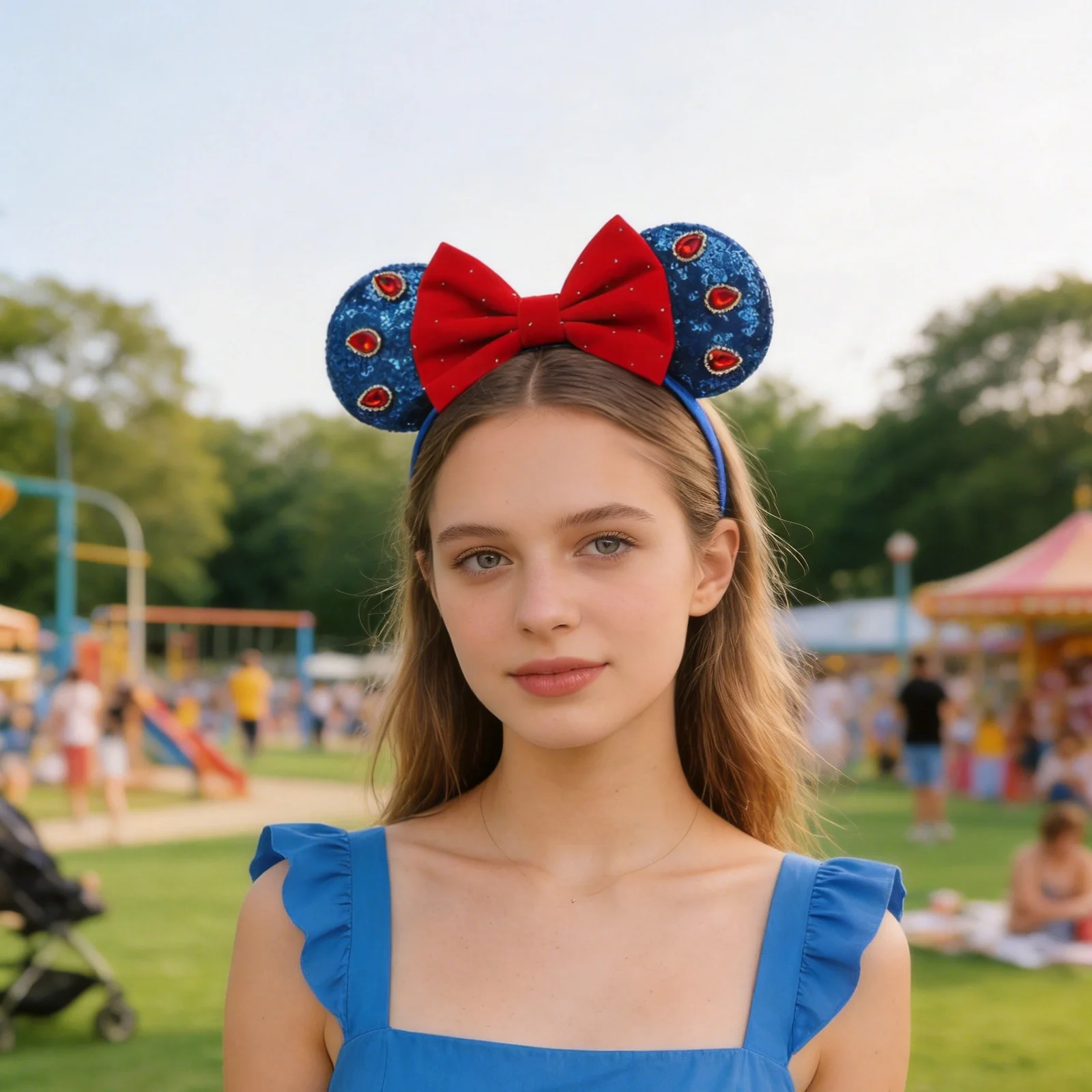 Princess Snow White Ears Headband Red Bow Crystal Pearl Hair Hoop Halloween Party Cosplay Costume Accessories for Women Girls view 5