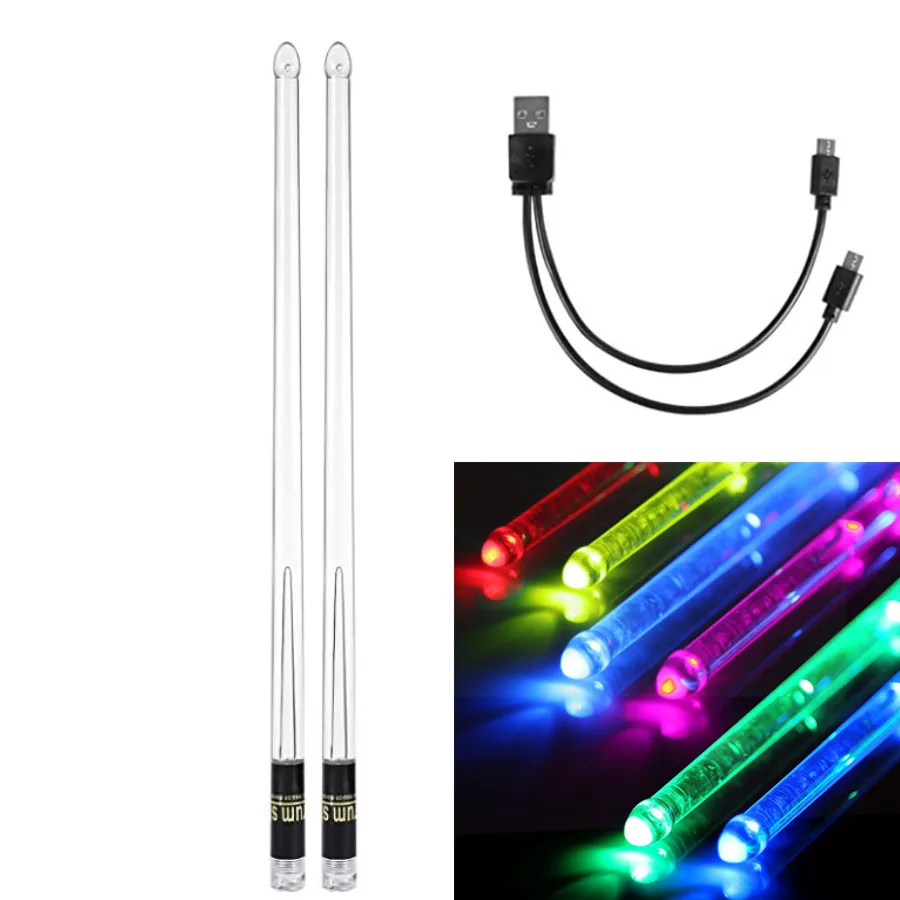 Rechargeable LED Light Up 15 Color Gradient Glow Drumsticks, Professional Cool LED PC Polymer Material Drumsticks